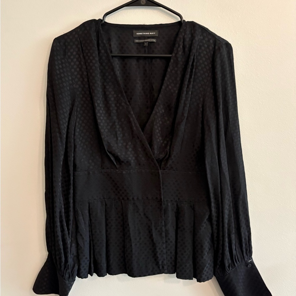 Something Navy Black Wrap Pleated Long Sleeve Blouse